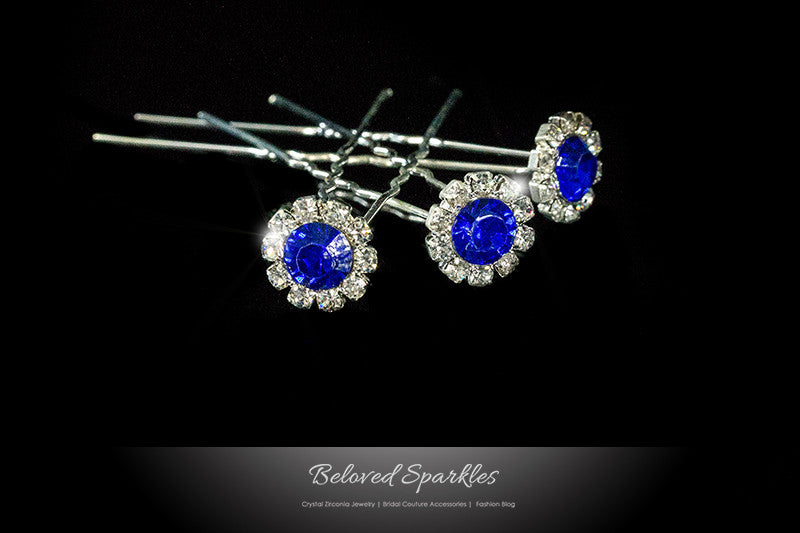 Lydia-1 Sapphire Blue Halo Hair Stick Pin | Rhinestone - Beloved Sparkles